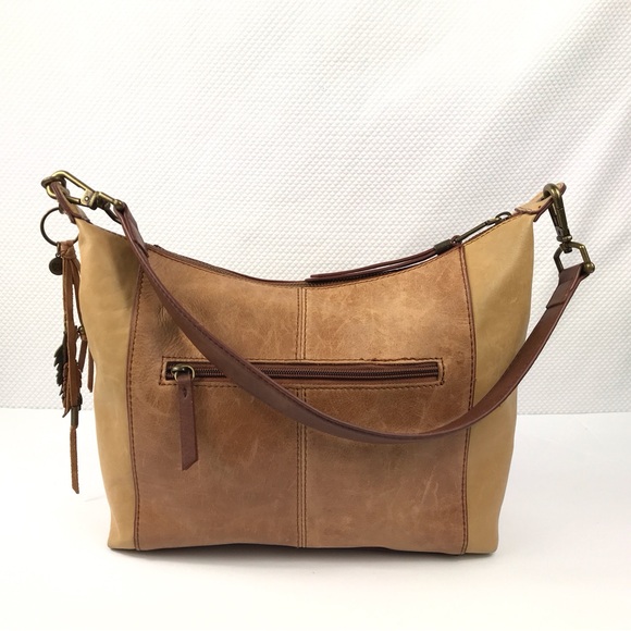 THE SAK Tan/Brown Distressed Leather Boho Hobo Shoulder Bag with Feathers Charm - Picture 2 of 12